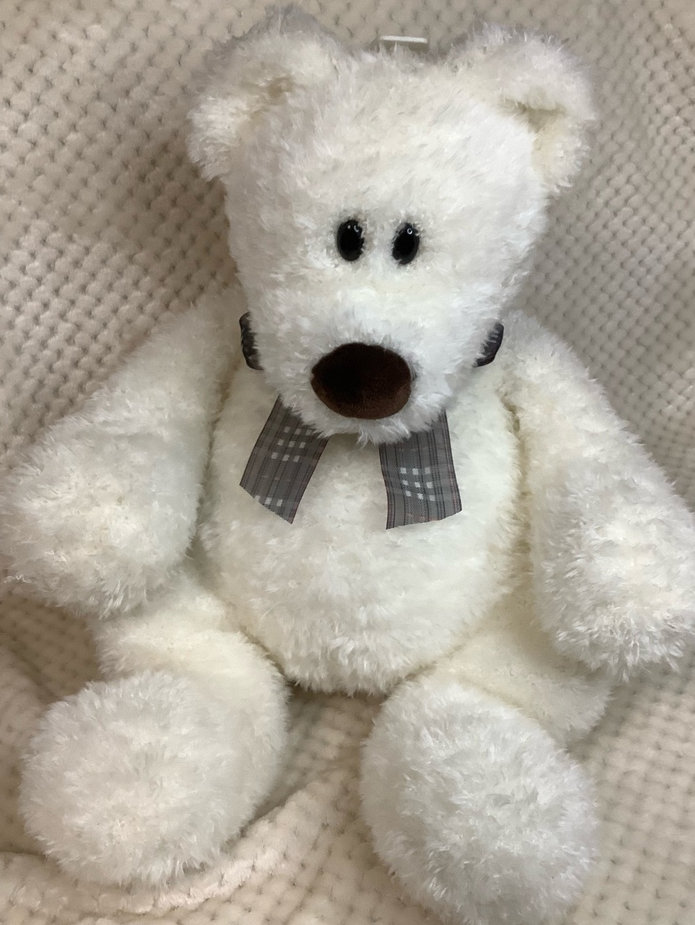 Large Heads and Tales by Gund White Plush Teddy Bear with Plaid Bow